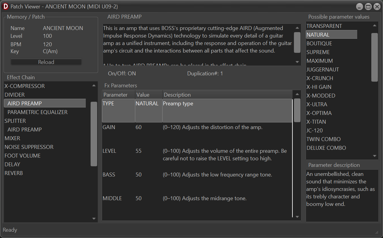 Boss GX-100 patch viewer with alternate dark theme display style