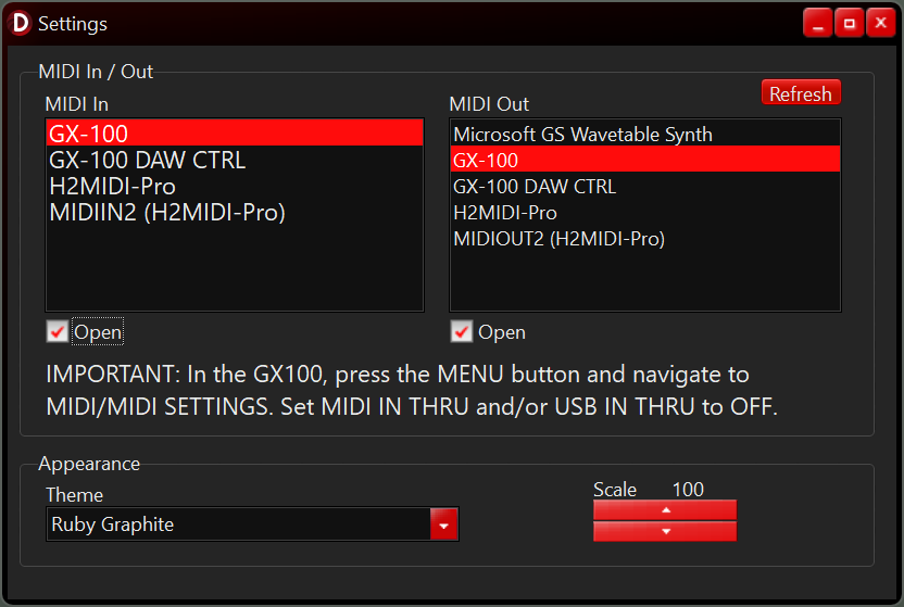 DMS GX100 Explorer MIDI settings for Boss GX-100 connection